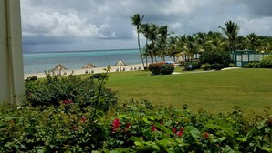 A beach view with palm trees, a grassy area, and a clear sky. - Escape to the Caribbean! Beachfront Condo Starting at Just $145/Night! (Christiansted)