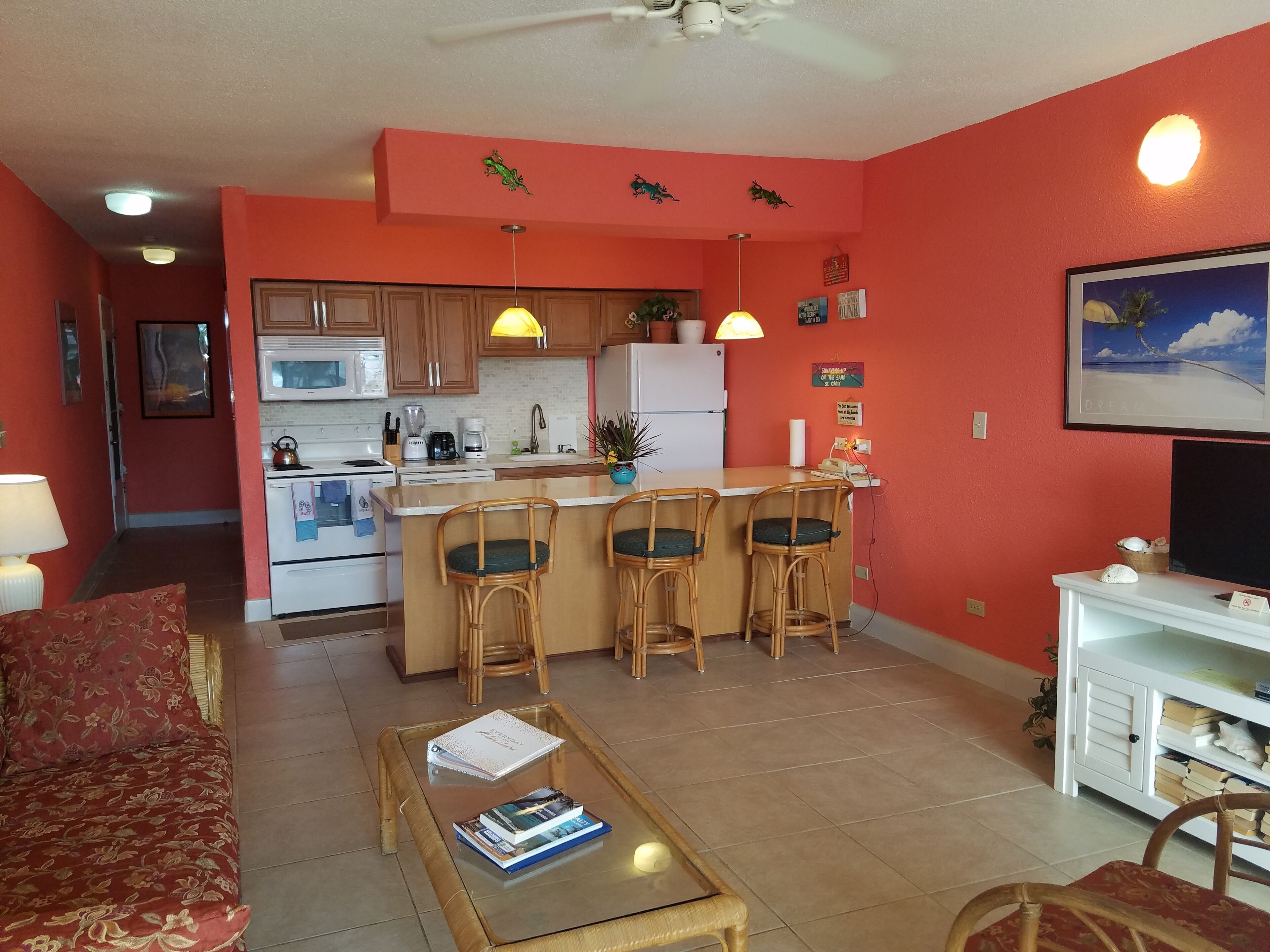 TV, DVD player, books, stereo