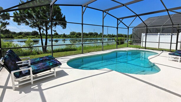 A covered outdoor swimming pool with lounge chairs, surrounded by a metal fence and a view of a lake.