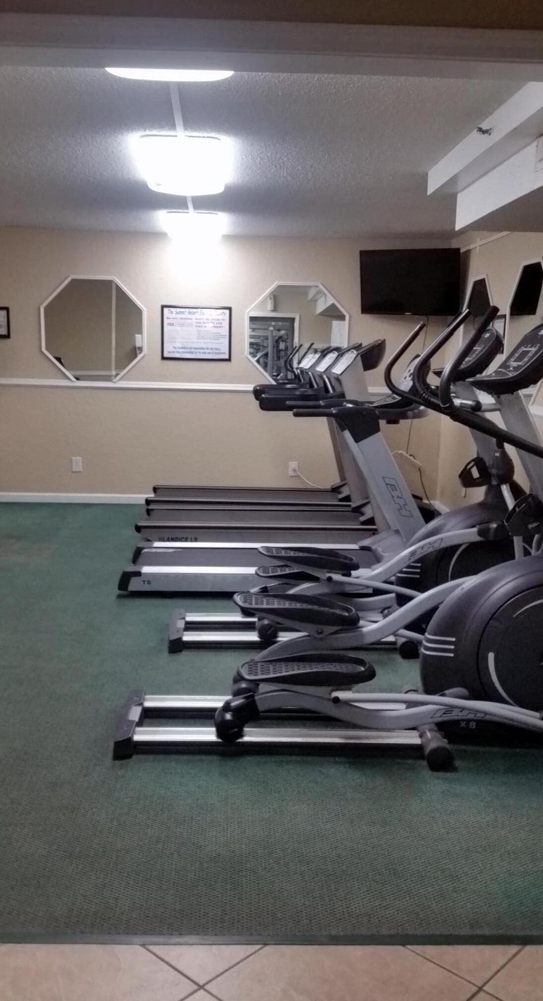 Et fitnesscenter med flere løbebånd opstillet langs en væg med spejle og et fladskærms-tv.