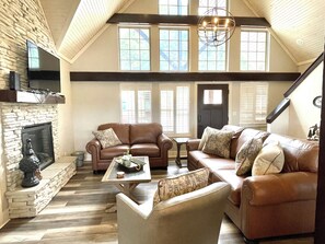 Smart TV, fireplace, video games, DVD player
