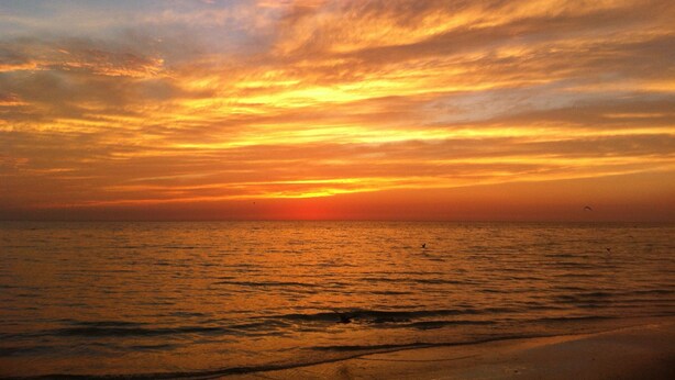 Ein Sonnenuntergang über dem Meer bei blauem Himmel.