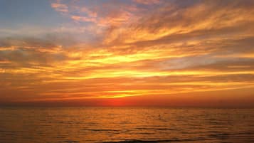 On the beach, sun loungers