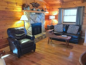 Smart TV, fireplace, books