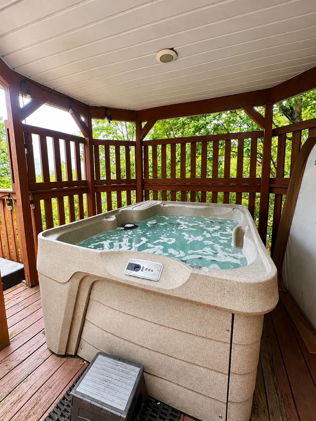 Un bain à remous sur une terrasse en bois, doté d’un panneau de commande, entouré d’une clôture en bois et de verdure.