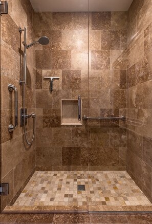 Shower, eco-friendly toiletries, hair dryer, towels