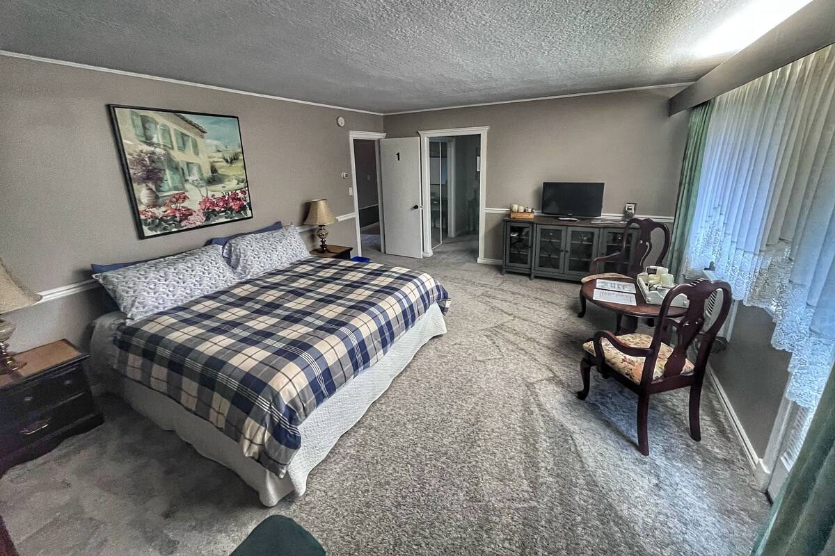 Una habitación de hotel con cama, escritorio, silla, televisión y un cuadro en la pared.