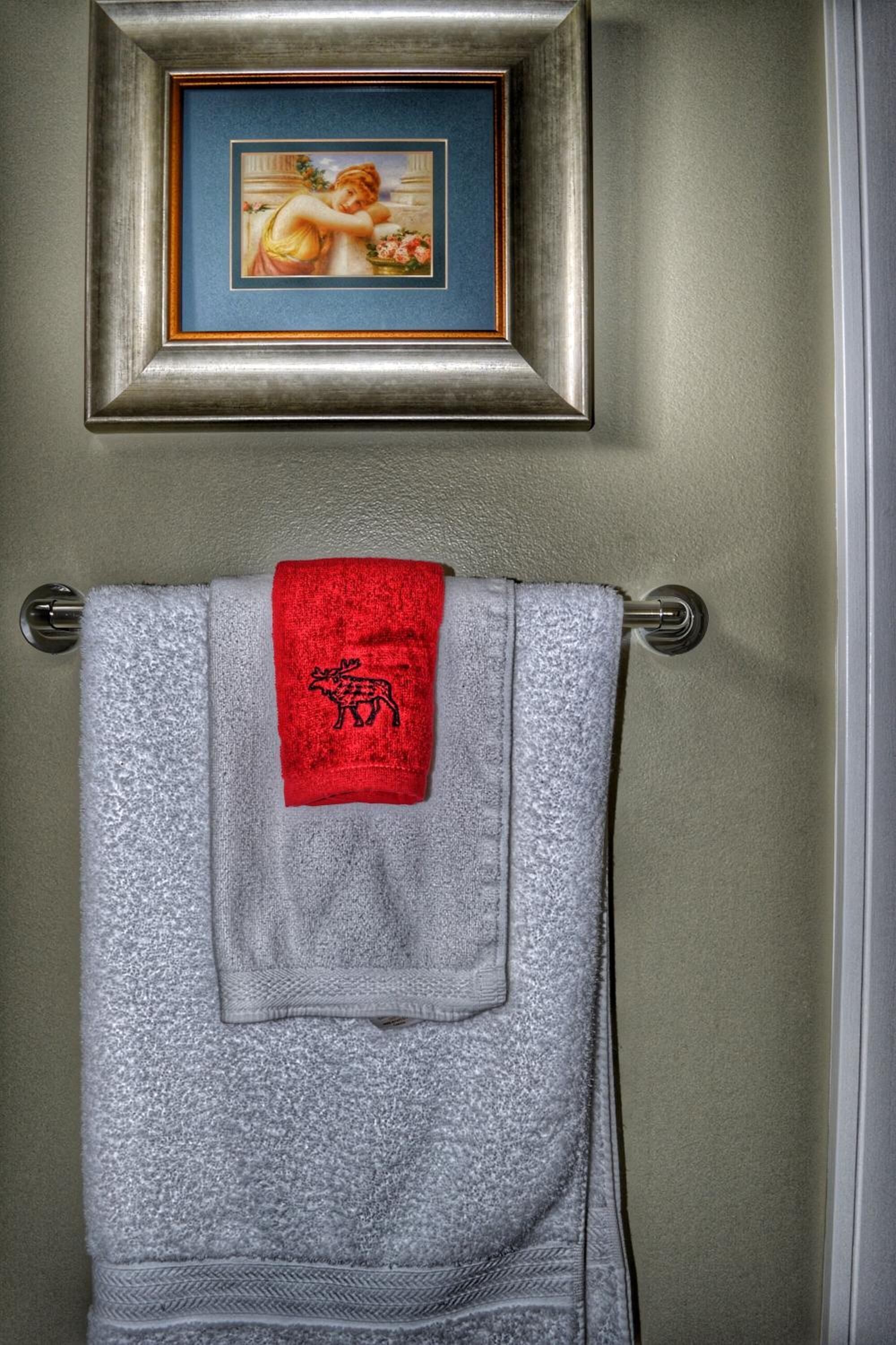 Casa de banho com uma obra de arte emoldurada acima de um porta-toalhas, que exibe uma toalha prateada e uma toalha vermelha com um desenho de alce.