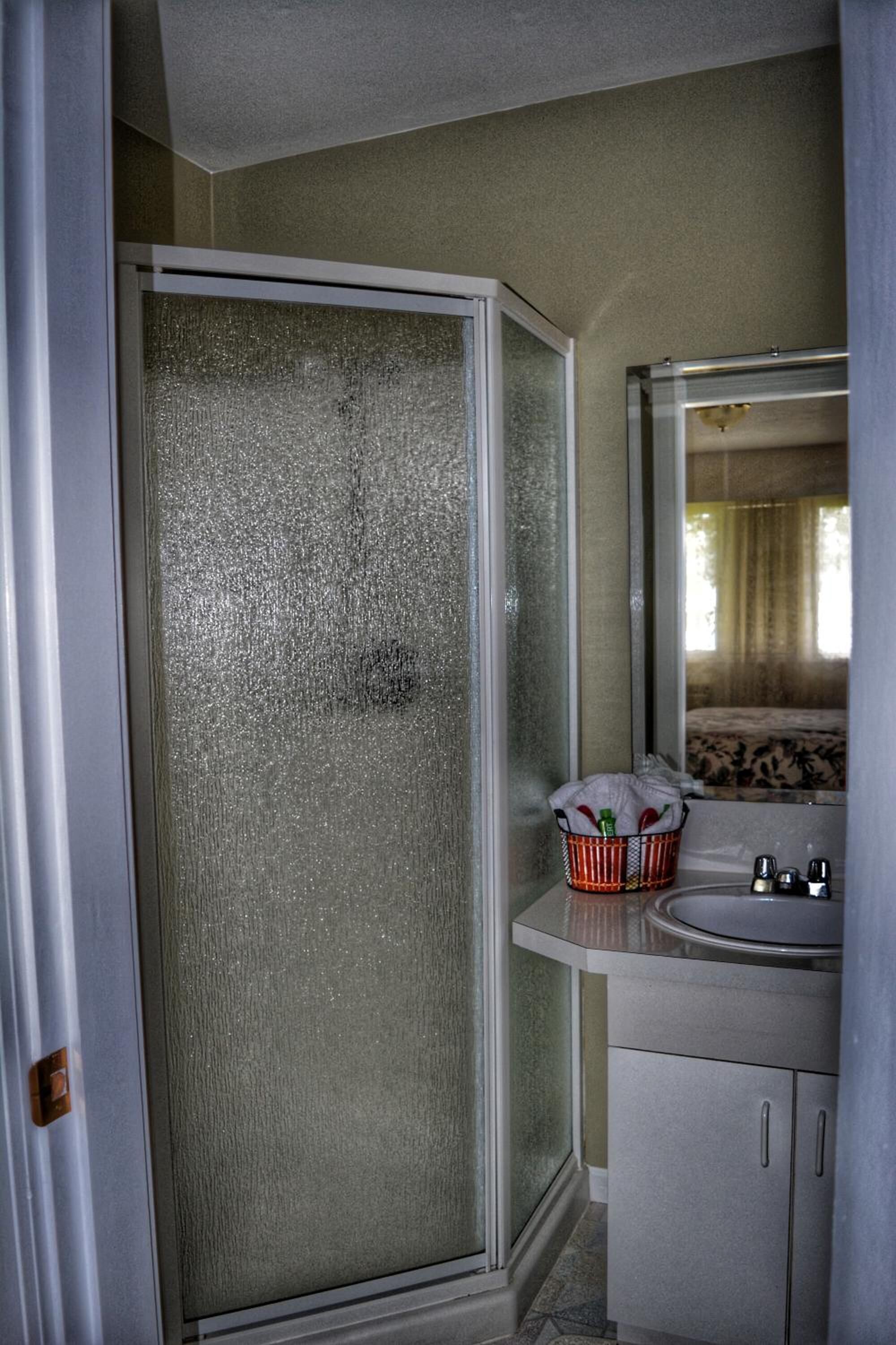 Un baño con cabina de ducha de vidrio satinado, un lavamanos con espejo y una cesta de artículos de aseo.
