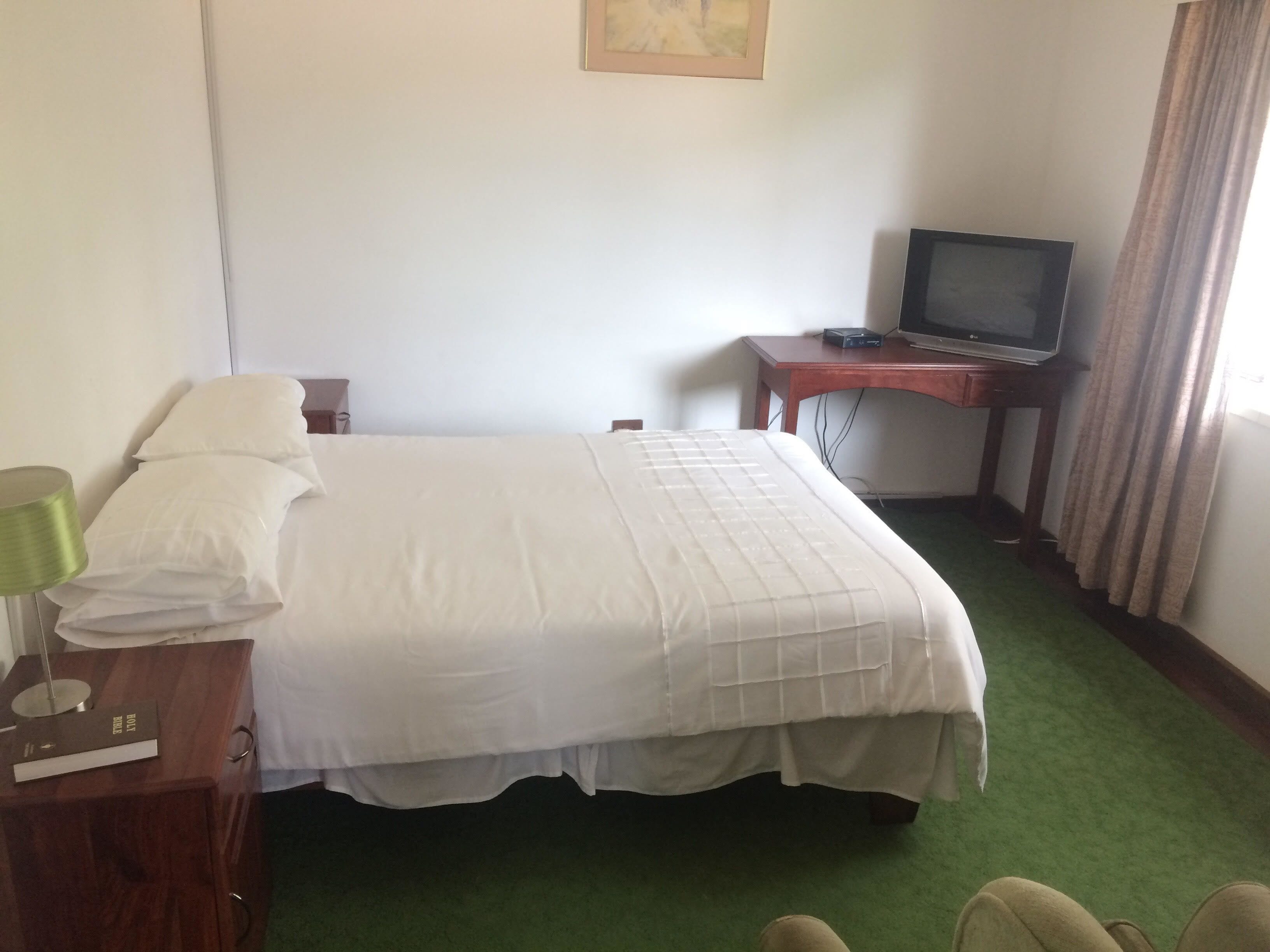 A hotel room with a bed, a desk with a television, and a green carpet.