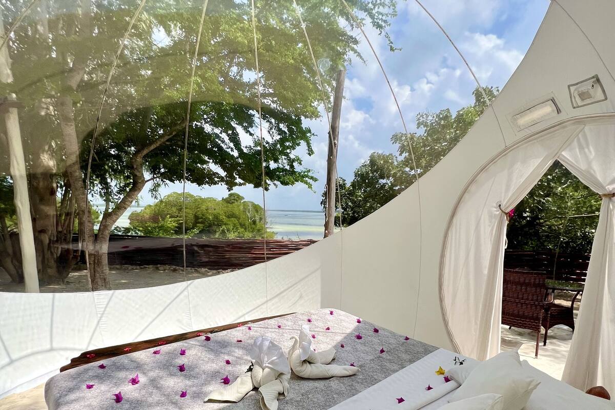 Alojamiento en tienda de campaña con cama, ropa de cama blanca y vista al mar.