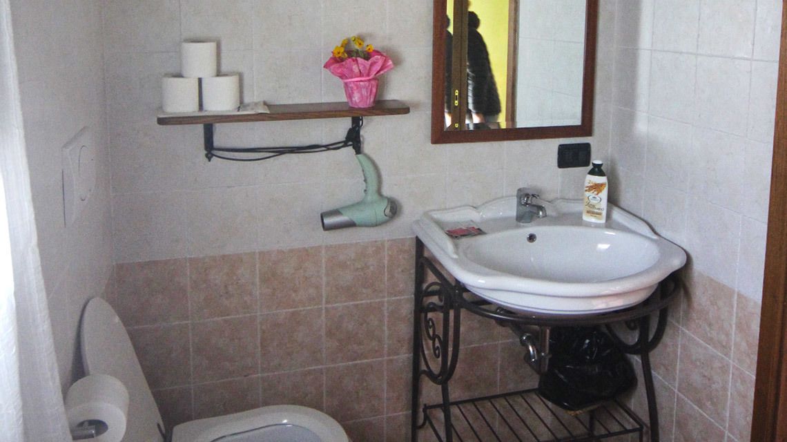 A bathroom with a toilet, sink, and mirror. There is a shelf with toilet paper and a vase with flowers.