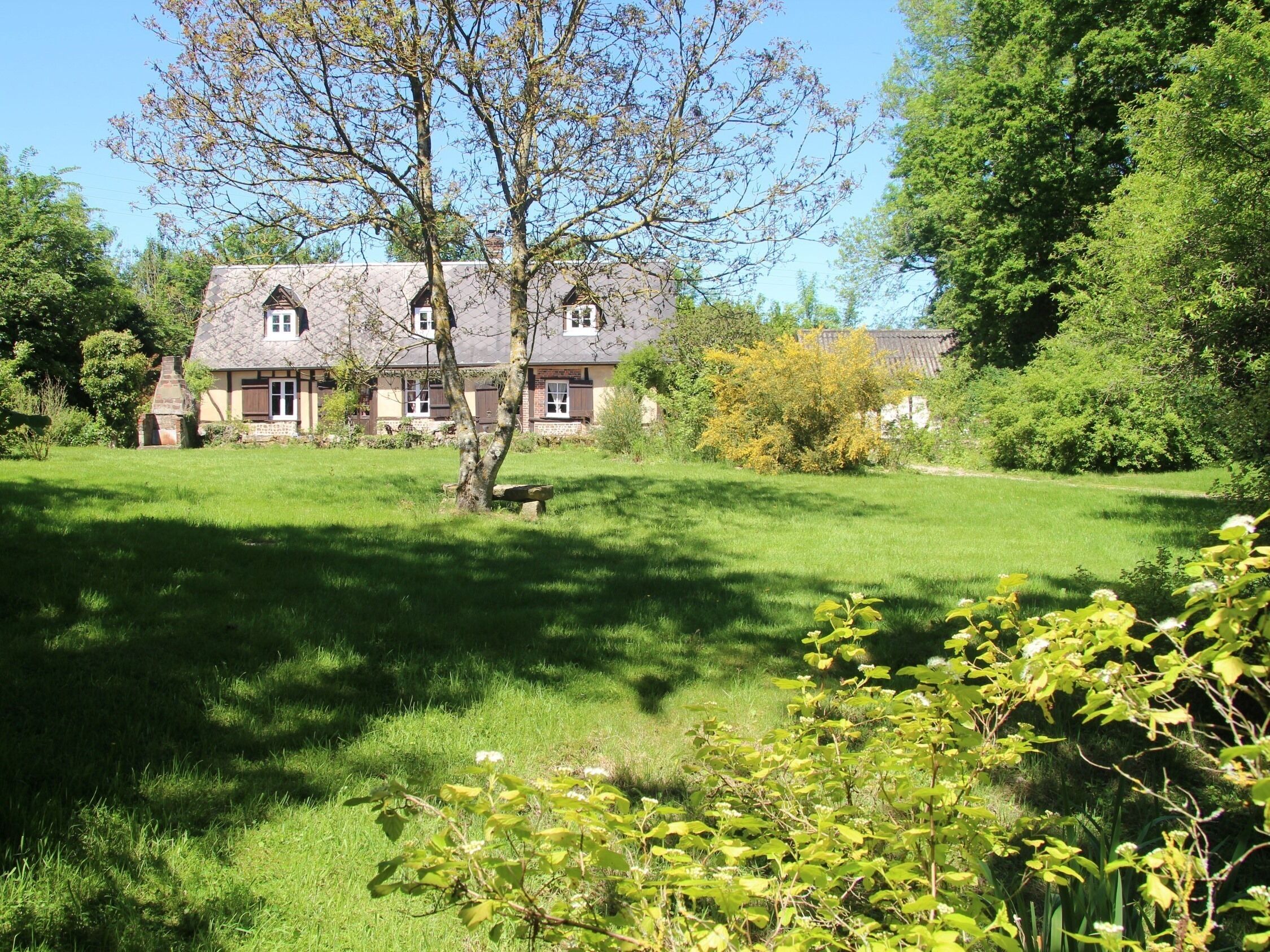 A house with a stone chimney, a well-maintained lawn, and a tree in the foreground.