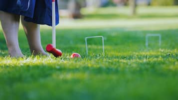 Een close-up van een potje croquet, met de focus op het gras en de croquetmalle.