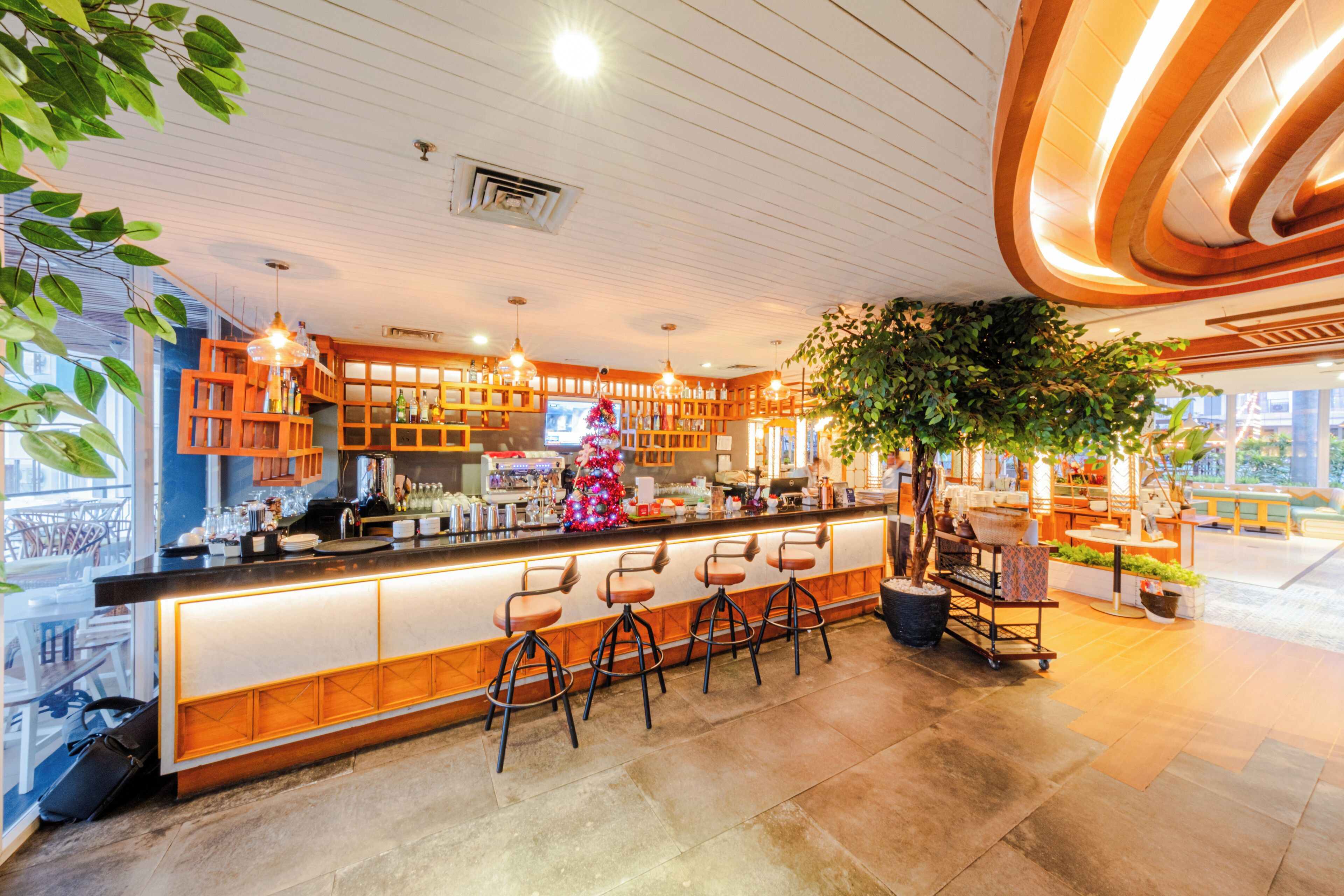 Un espace bar moderne avec un comptoir en bois, des tabourets de bar et une grande plante en pot.