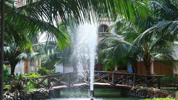 A fountain with water jets, surrounded by palm trees and a stone bridge. - Om Leisure Resort Puri (Brahmagiri)