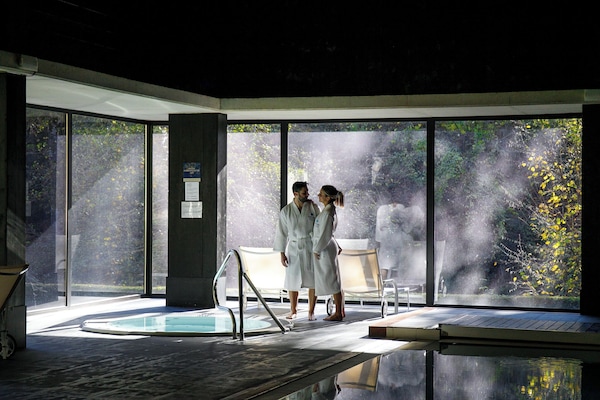 Alberca techada y camastros