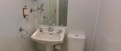 A bathroom with a white sink, mirror, and toilet. There are toiletries on the wall and a glass shelf above the sink.