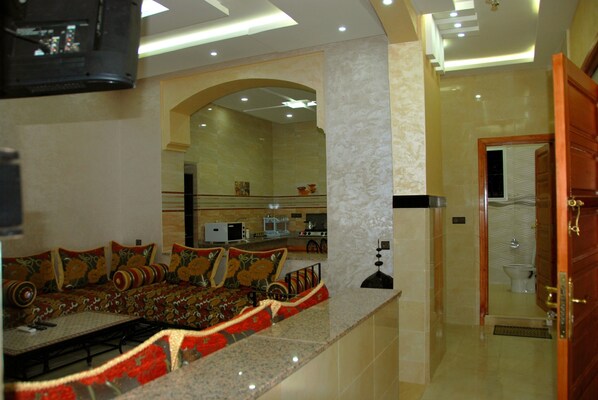 City Apartment, 2 Bedrooms, Pool View (G2) | Living room | Flat-screen TV - Villa Ziad (Marrakech)