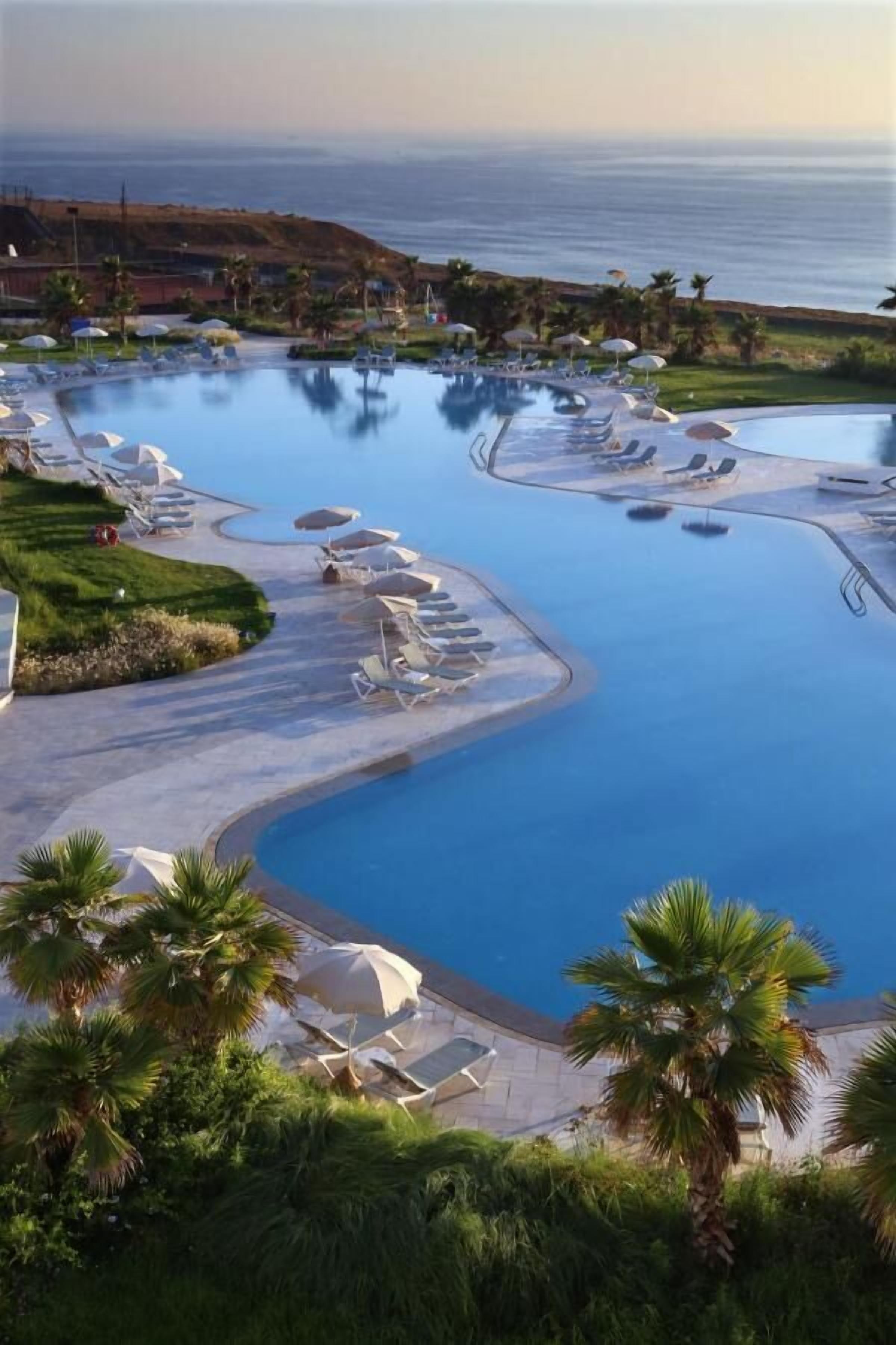 A large swimming pool with multiple sun loungers and umbrellas, surrounded by greenery and a view of the ocean.