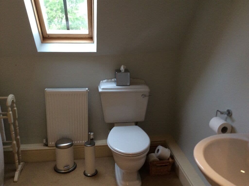 Un baño con inodoro, bidé, radiador y ventana.