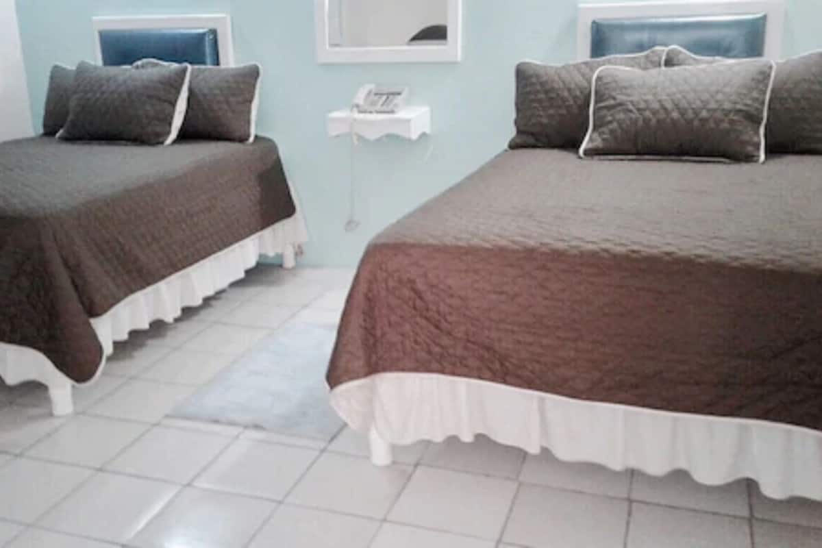 Two single beds with brown bedding, a white-framed mirror, and a small white nightstand with a telephone.