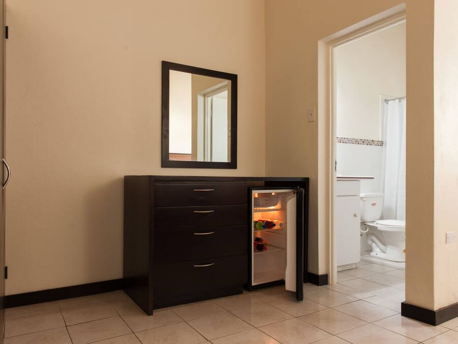 A compact kitchen with a built-in refrigerator, a dark wooden cabinet, and a mirror above it.