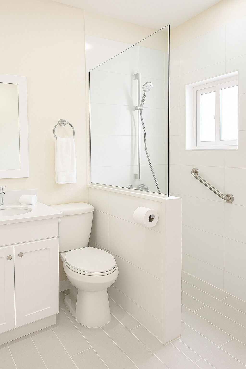 single room, 1 queen bed, roll-in shower | bathroom | towels, soap, toilet paper