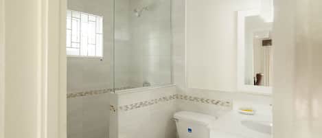 A bathroom with a glass-enclosed shower, a toilet, and a sink.