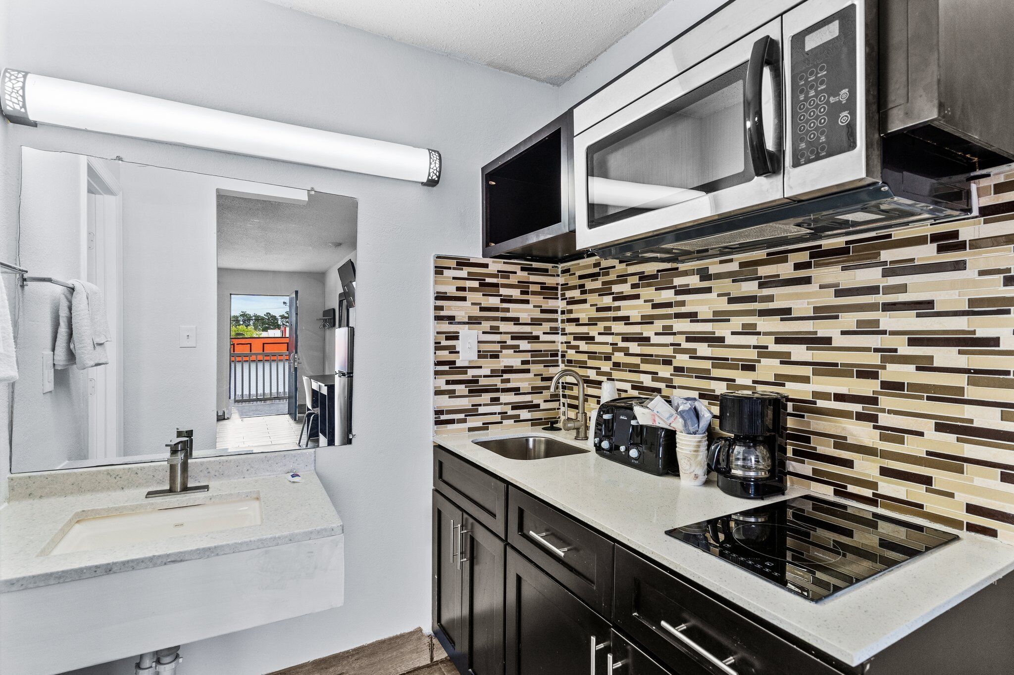 fridge, microwave, stovetop