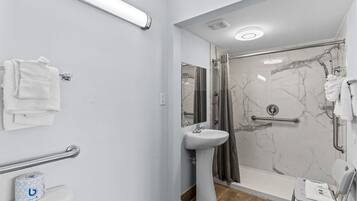 Une salle de bain moderne équipée d’une douche, de toilettes et d’un lavabo.