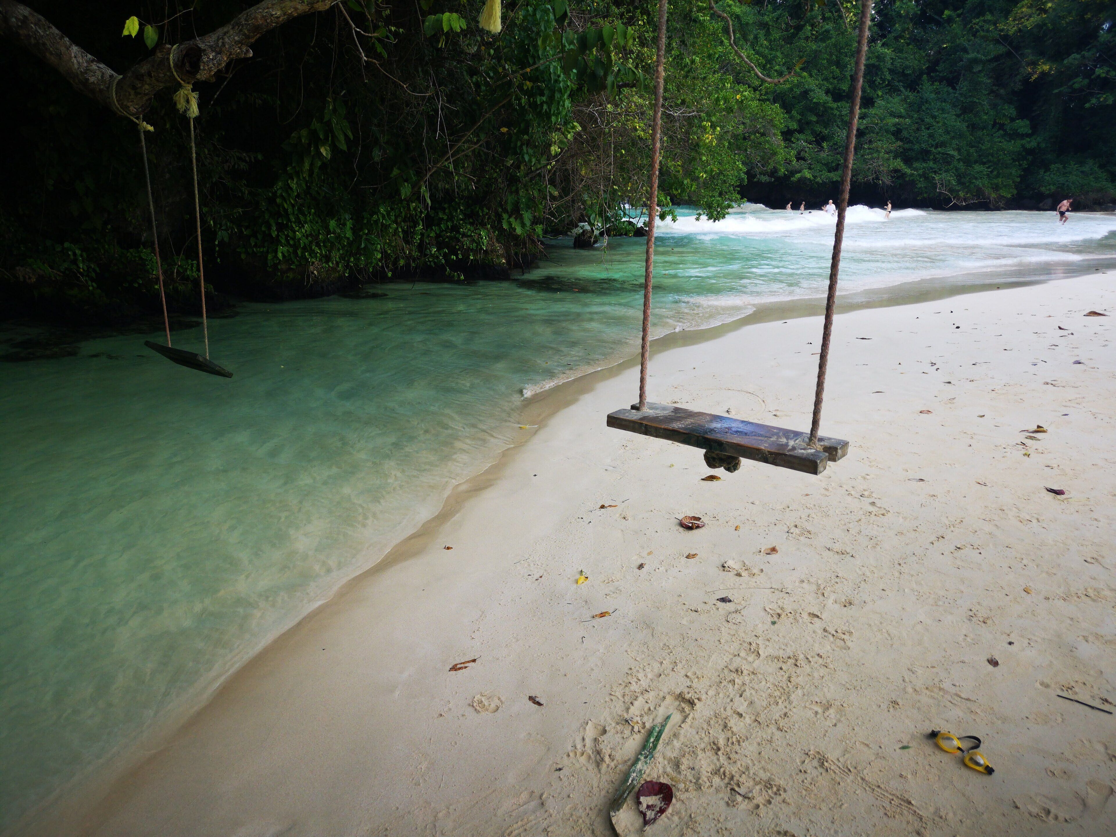 A beach with clear water, a swing, and a sandy shore.