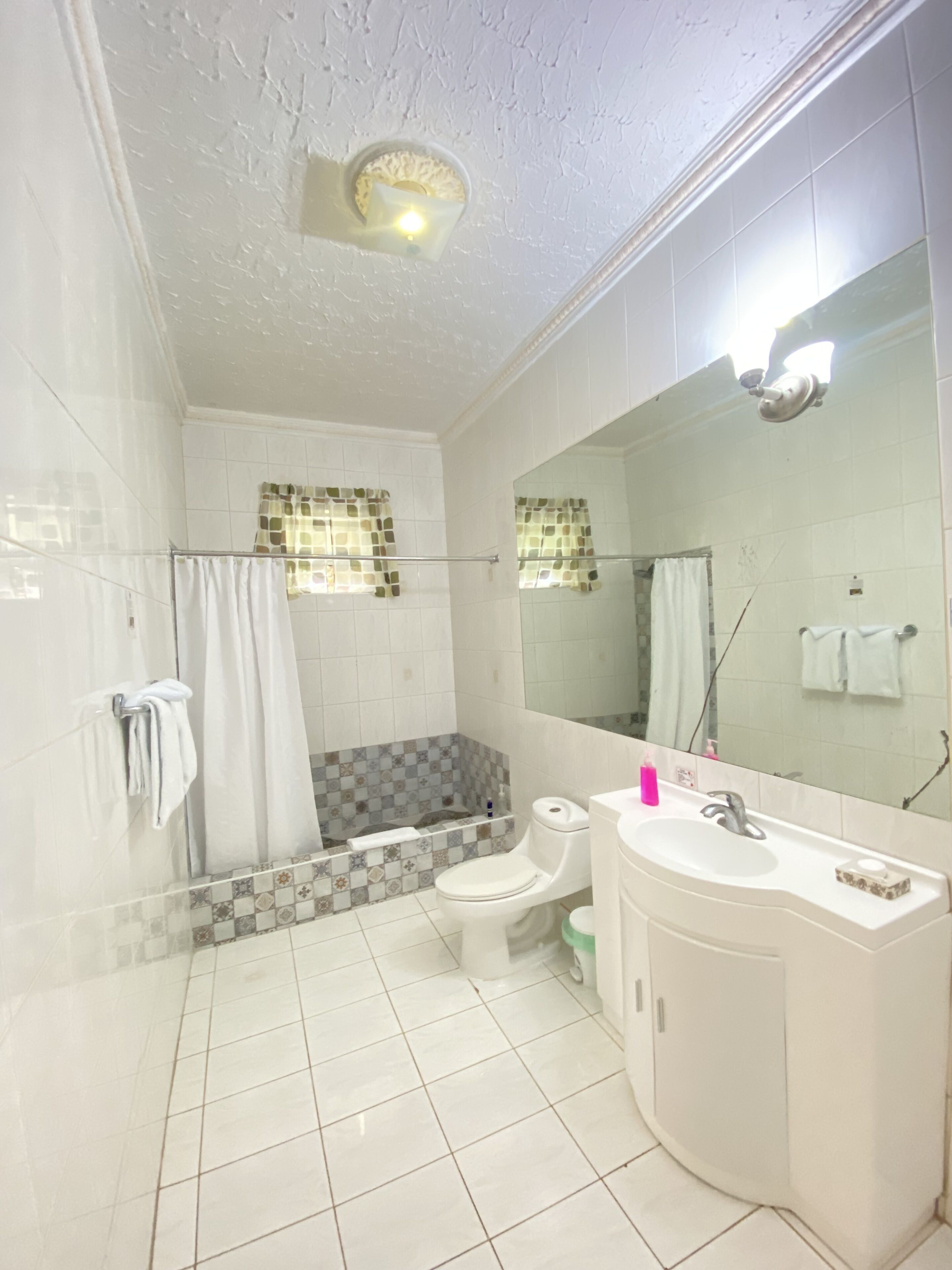 A bathroom with a shower, toilet, sink, and a large mirror.
