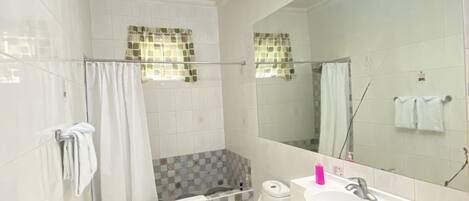 A bathroom with a shower, toilet, sink, and a large mirror.