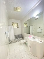 Un baño con ducha, inodoro, lavabo y un espejo grande.