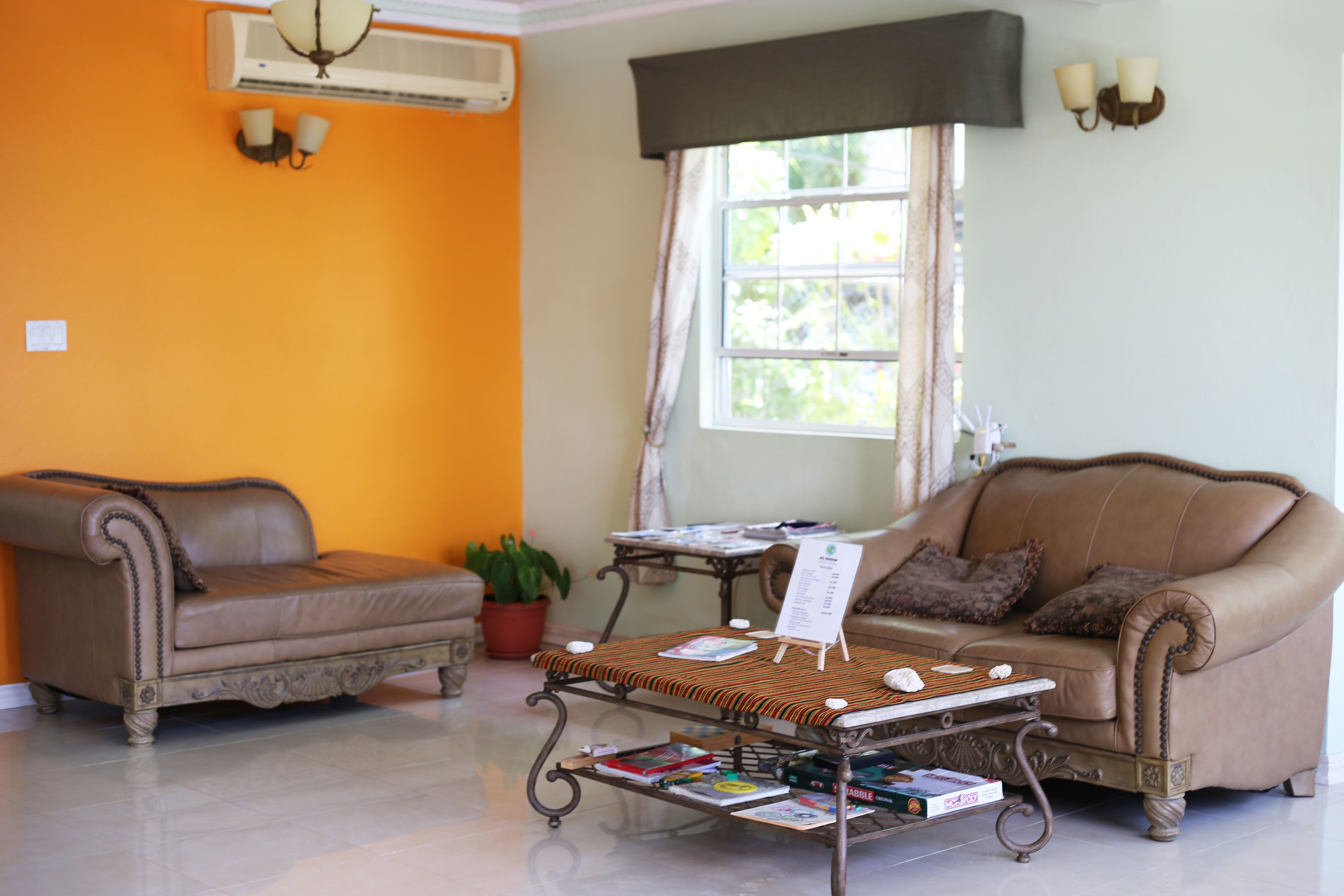 A living room with two brown leather sofas, a coffee table with magazines, a potted plant, and a window with curtains.