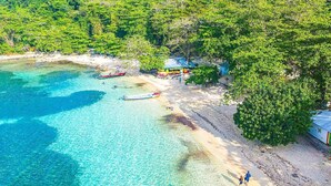 A beach with clear turquoise water, a sandy shore, and lush green trees in the background. - All Nations Guesthouse (Port Antonio)