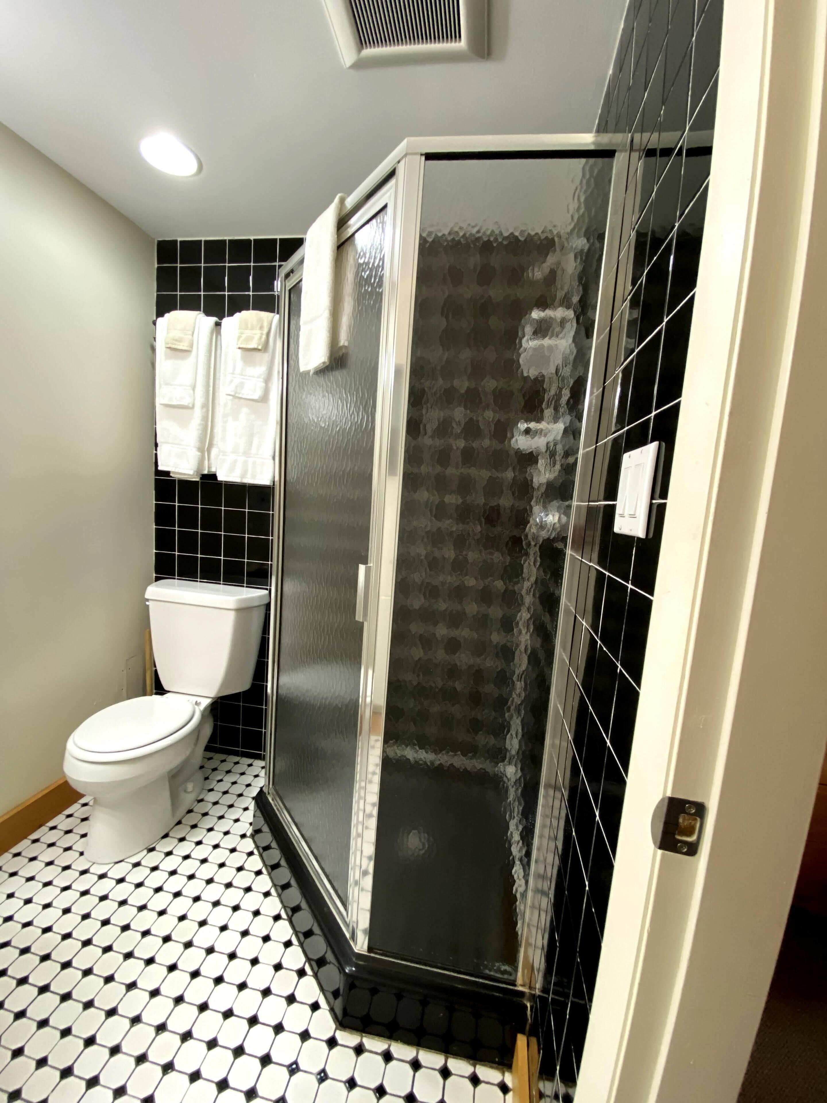 Een badkamer met toilet, een douche met glazen wanden en een betegelde vloer.