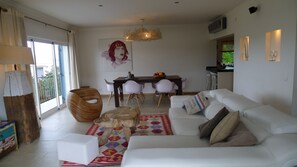 TV, fireplace, table football, books