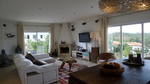 Televisión, chimenea, futbolito, libros