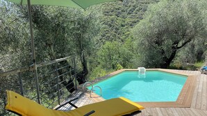 Une terrasse en bois avec une piscine, entourée d’arbres.