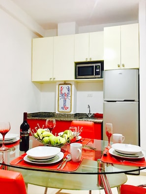 Microwave, stovetop, coffee/tea maker, toaster