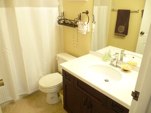 Combined shower/bathtub, hair dryer, towels, soap