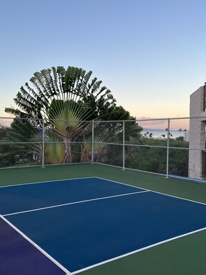 Un court de tennis entouré d’une clôture en treillis métallique, avec des palmiers et un bâtiment en arrière-plan.