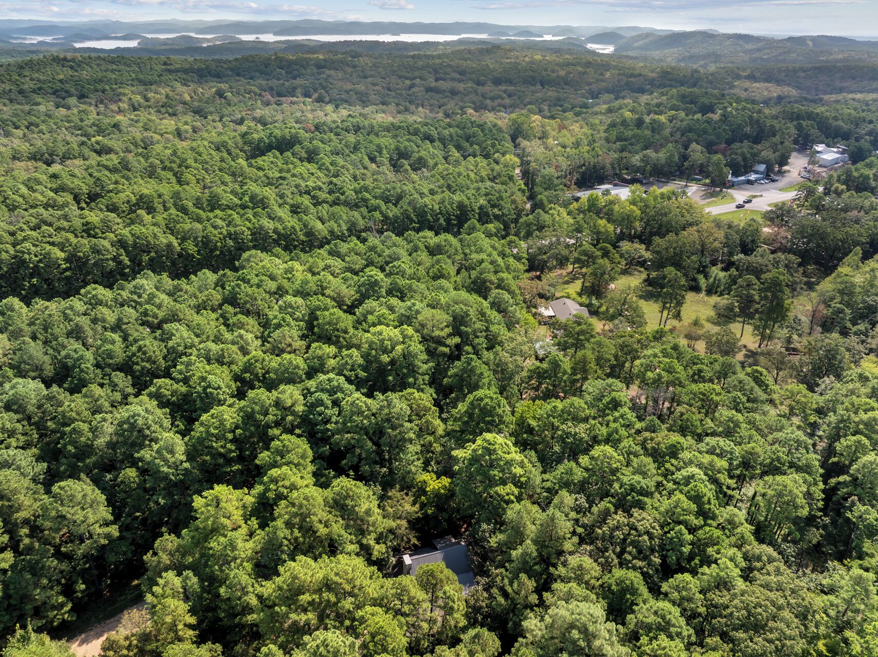 Vista aérea de uma área arborizada com edifícios dispersos, provavelmente um resort ou pousada.