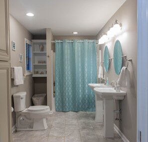 Combined shower/bathtub, hair dryer, towels, toilet paper