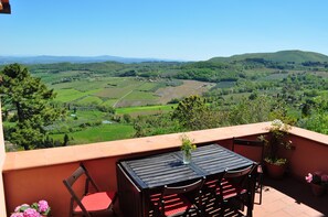 A terrace with a table and chairs, overlooking a green valley with fields and hills. - INDEPENDENT HOUSE LARGE TERRACES & SPECTACULAR VIEWS in CENTER W. PARKING (Montepulciano)