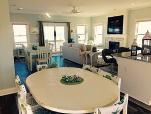 Smart TV, fireplace, DVD player, books