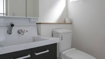 A modern bathroom with a white sink, dark cabinets, a toilet, and a mirror.