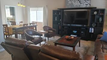 TV connectée, cheminée, lecteur de DVD, livres